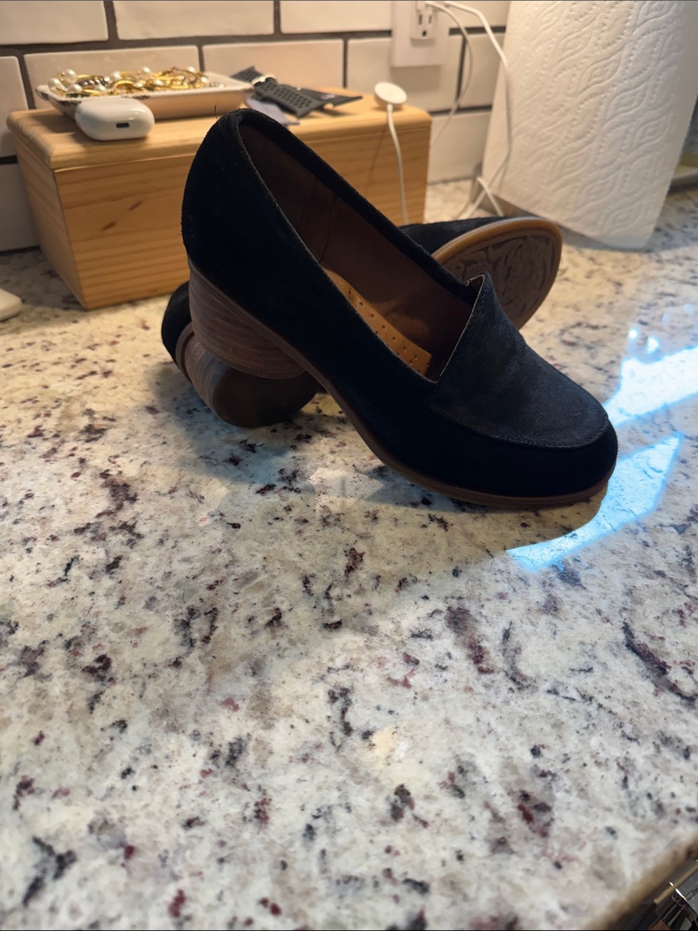 Sofft Black Suede Loafers with Stacked Brown Heel
